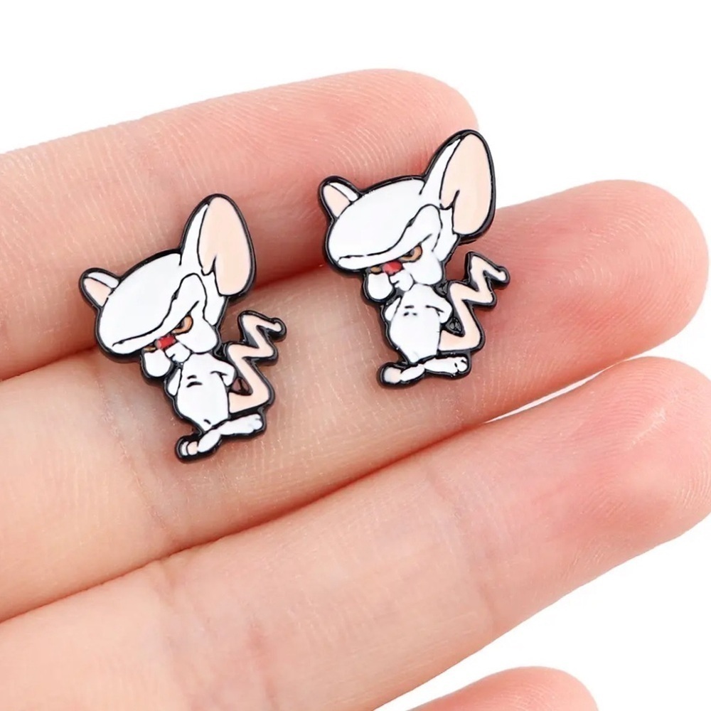 NEW “Brain” Pinky & The Brain Stainless Steel Enameled Stud Character Earrings